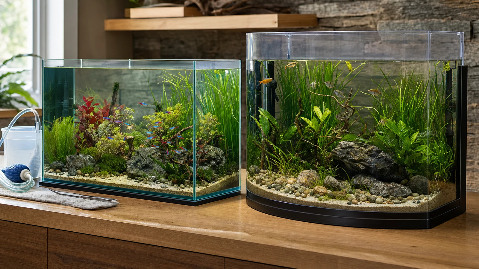 Glass and acrylic aquariums displayed side by side in a bright modern home, showing different panel shapes and aquatic habitats