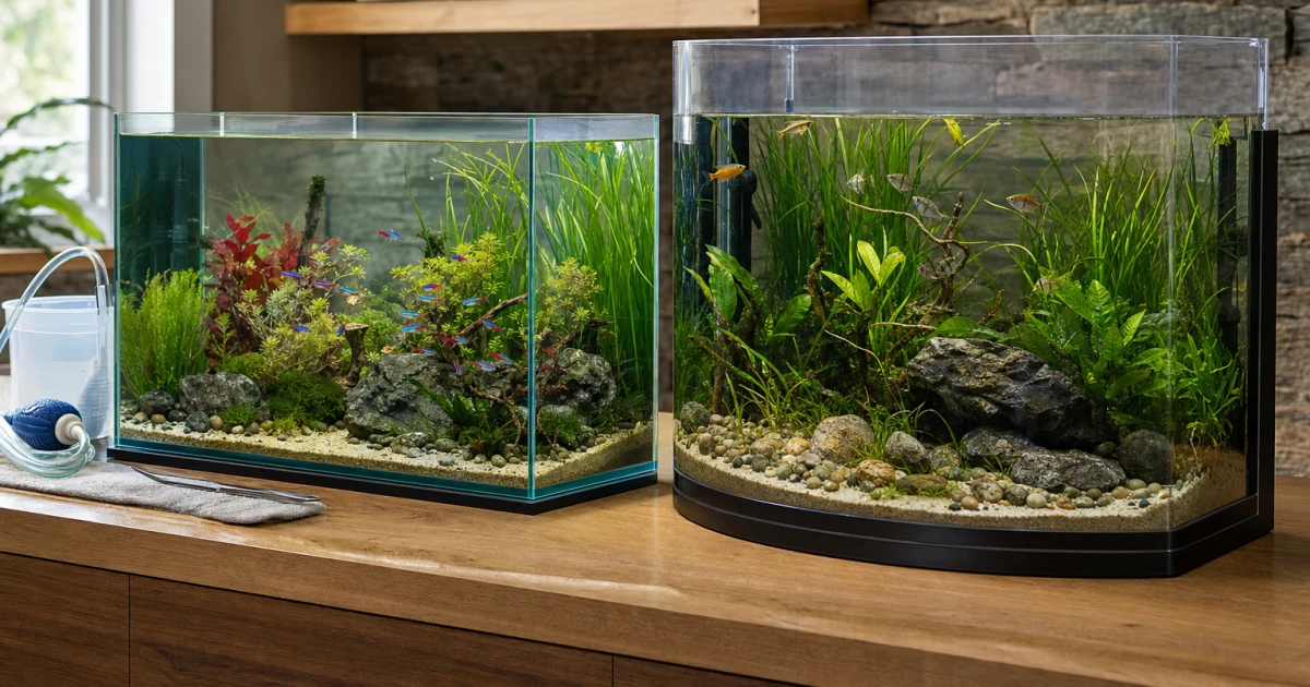 Glass and acrylic aquariums displayed side by side in a bright modern home, showing different panel shapes and aquatic habitats