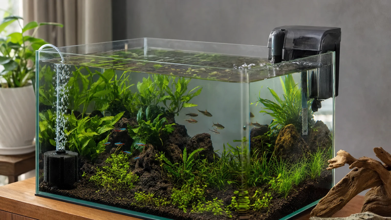 Freshwater aquarium with a visible sponge filter and a hang-on-back filter shown in a natural home setting