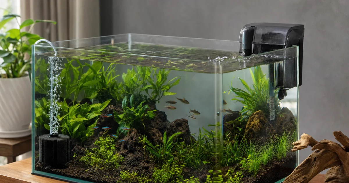 Freshwater aquarium with a visible sponge filter and a hang-on-back filter shown in a natural home setting