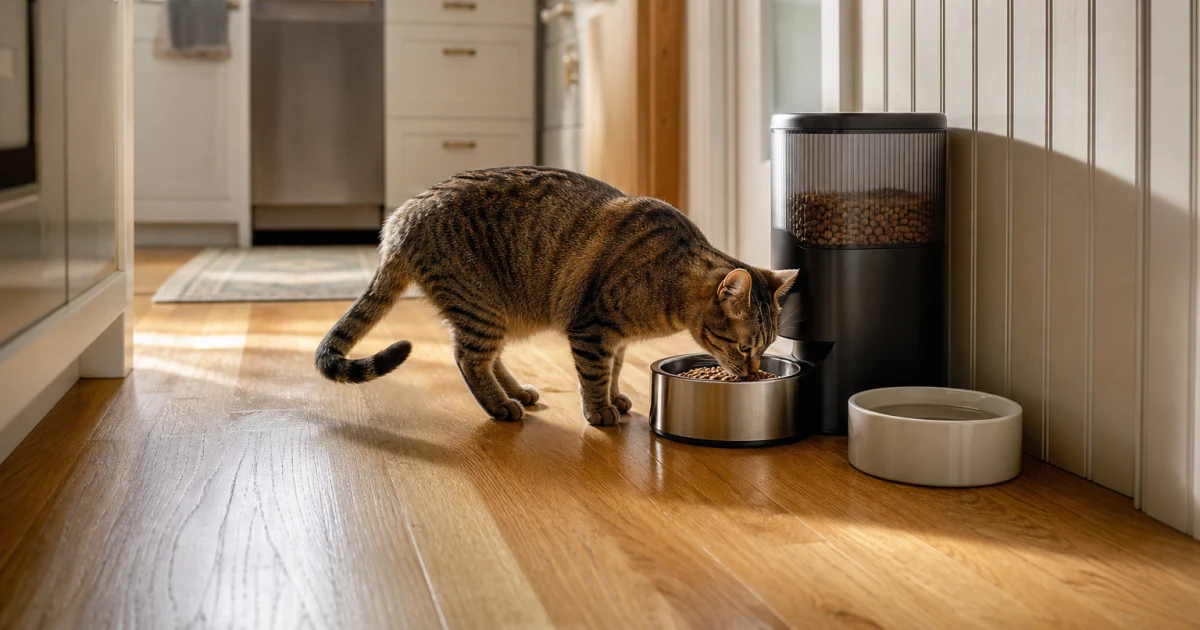 Cat eating a measured dry-food meal from an automatic feeder beside a simple ceramic bowl in a bright home kitchen