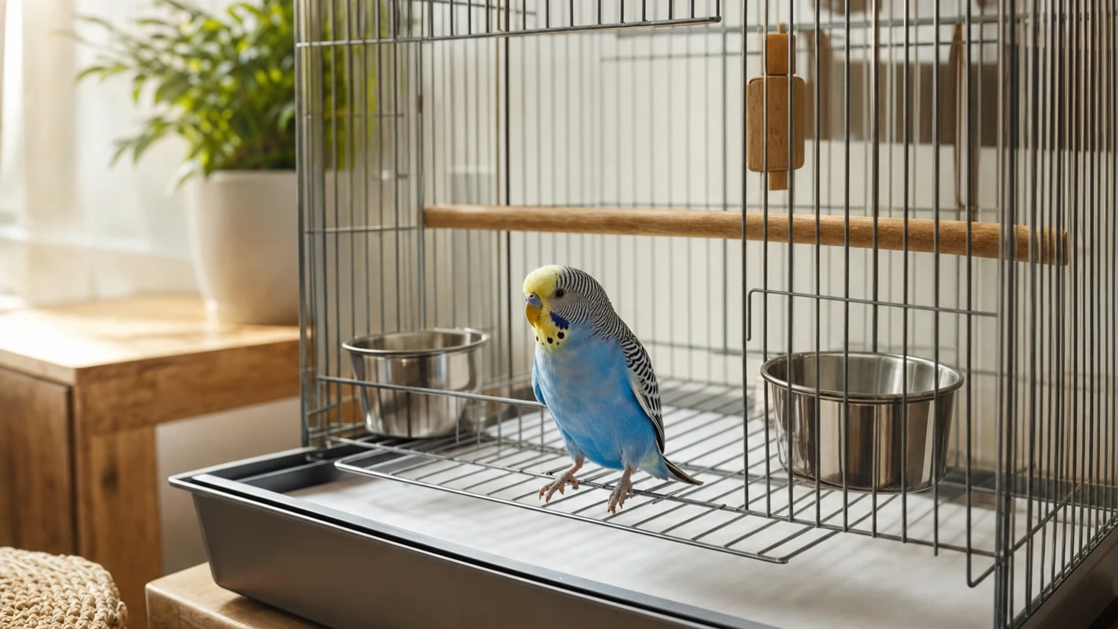 Small companion bird standing on a clean cage grate above a neatly fitted paper liner in a bright natural home