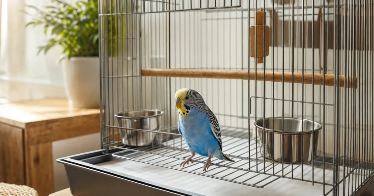 Small companion bird standing on a clean cage grate above a neatly fitted paper liner in a bright natural home