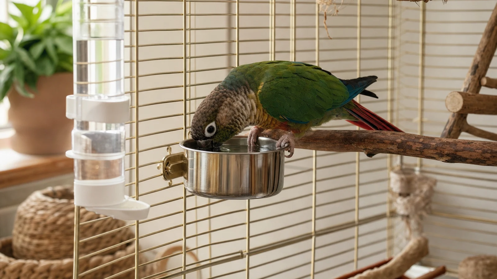 Small companion bird drinking from a securely mounted water bowl inside a bright, clean home cage
