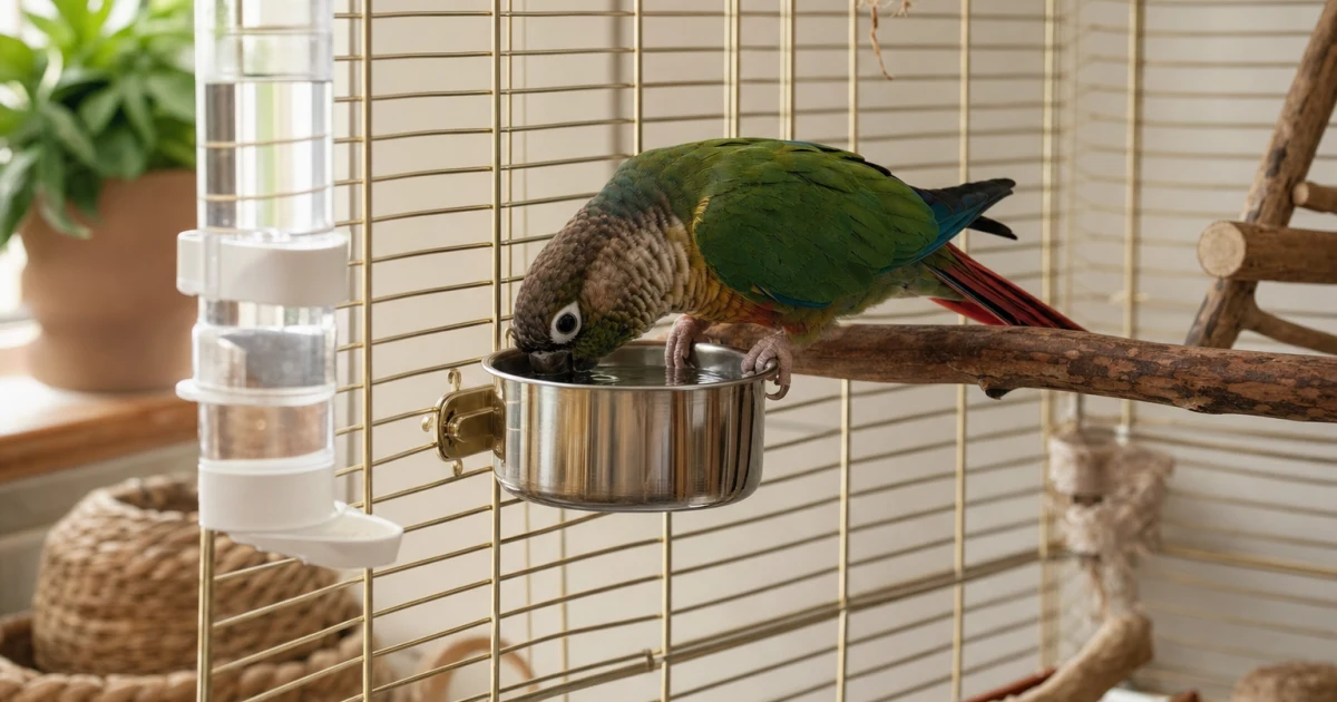 Small companion bird drinking from a securely mounted water bowl inside a bright, clean home cage