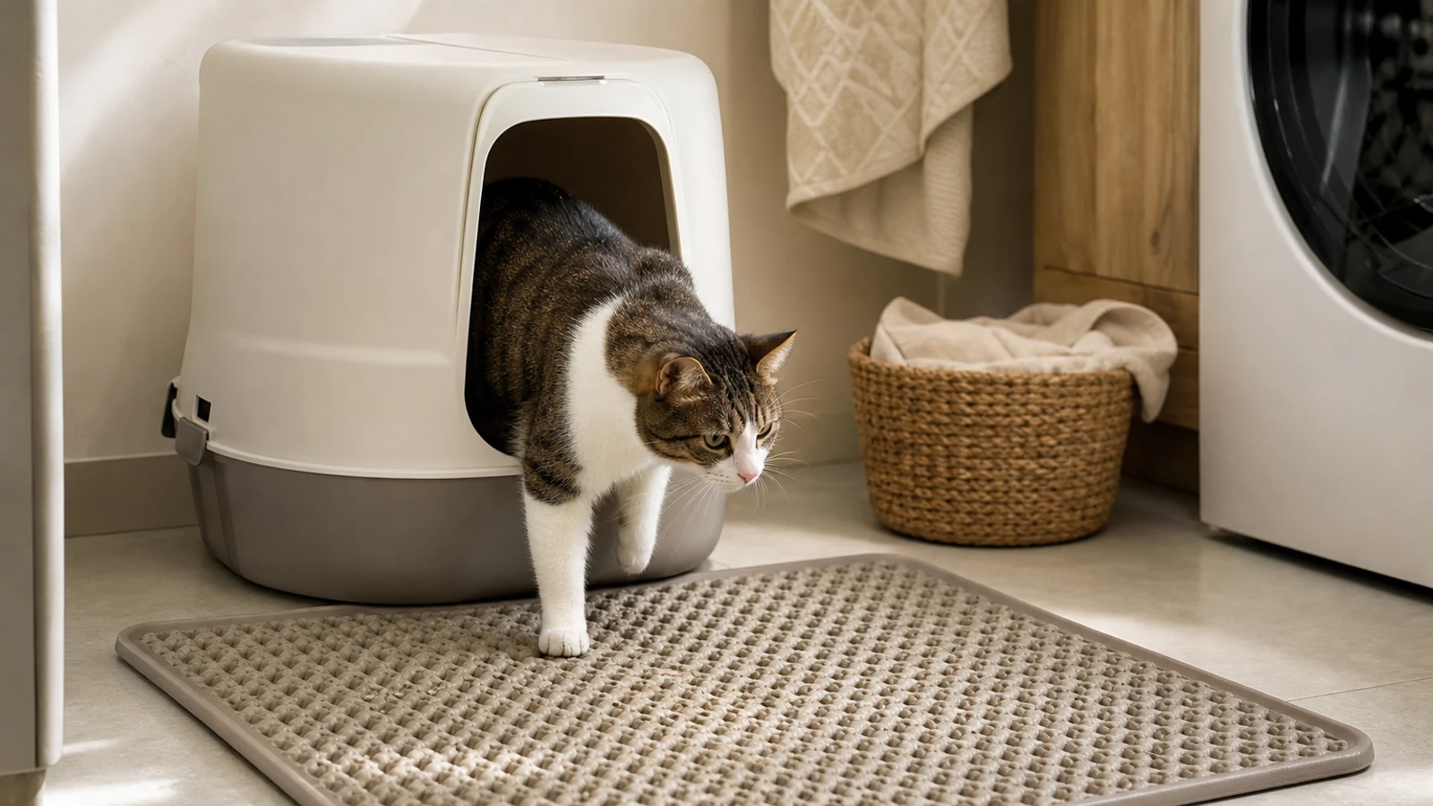 A realistic short-haired cat stepping from an open litter box onto a large textured litter mat in a bright, tidy U.S. home laundry area