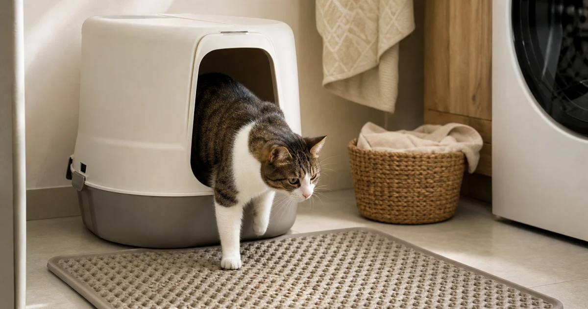 A realistic short-haired cat stepping from an open litter box onto a large textured litter mat in a bright, tidy U.S. home laundry area