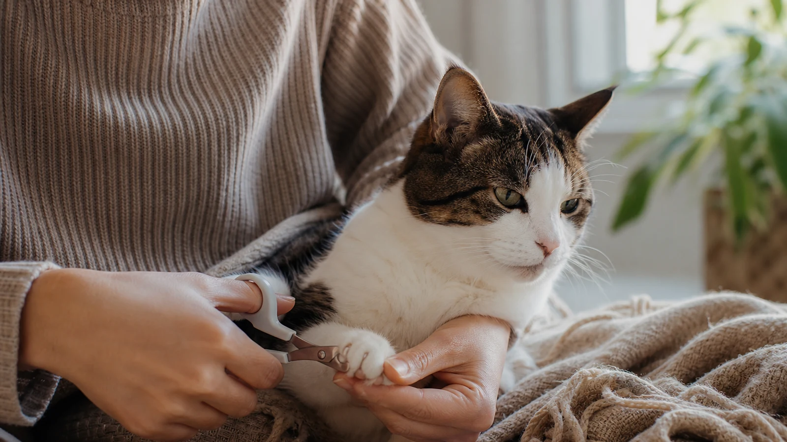 Calm cat having one front claw carefully trimmed with small scissor-style nail clippers in a softly lit home
