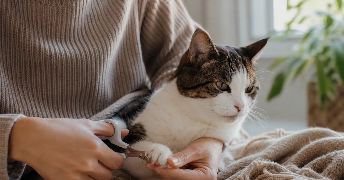 Calm cat having one front claw carefully trimmed with small scissor-style nail clippers in a softly lit home