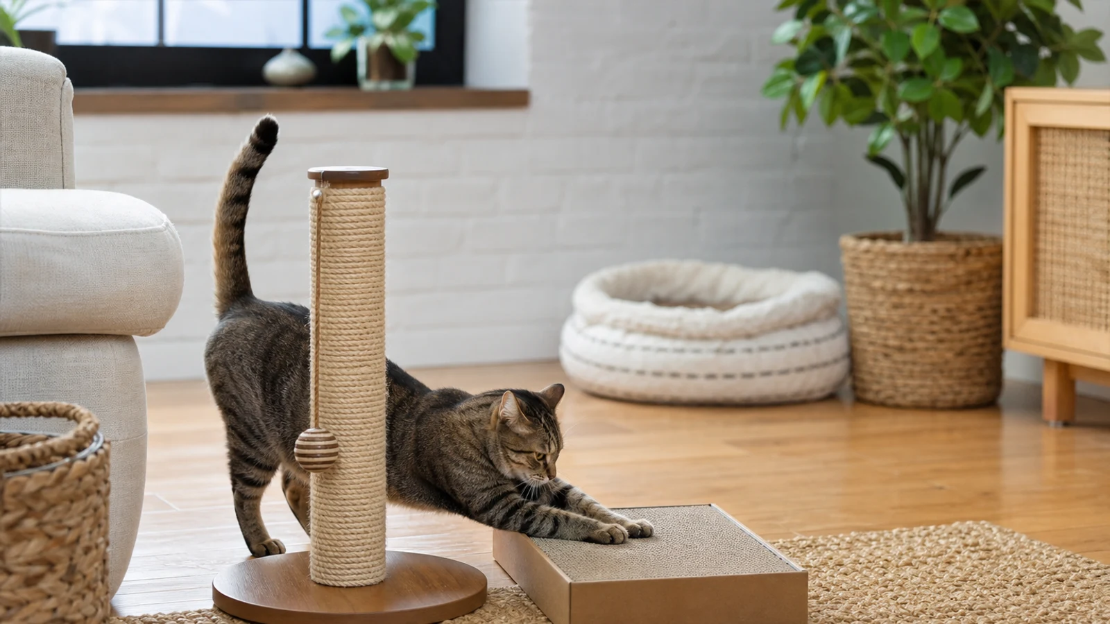 A tabby cat choosing between a tall sisal scratching post and a low cardboard scratching pad in a bright modern living room