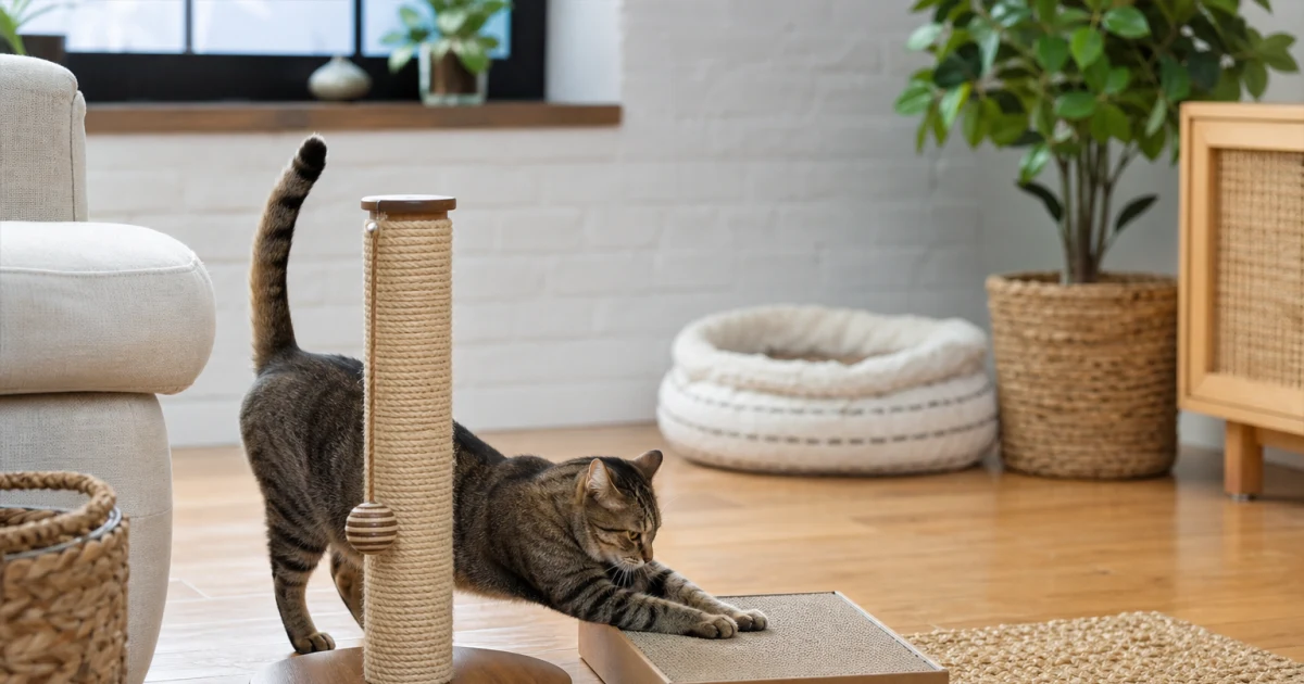 A tabby cat choosing between a tall sisal scratching post and a low cardboard scratching pad in a bright modern living room