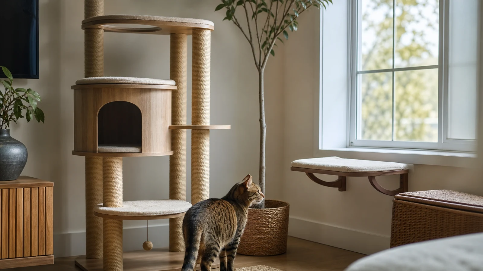 A relaxed indoor cat resting on a stable cat tree beside a sunlit window perch in a bright home