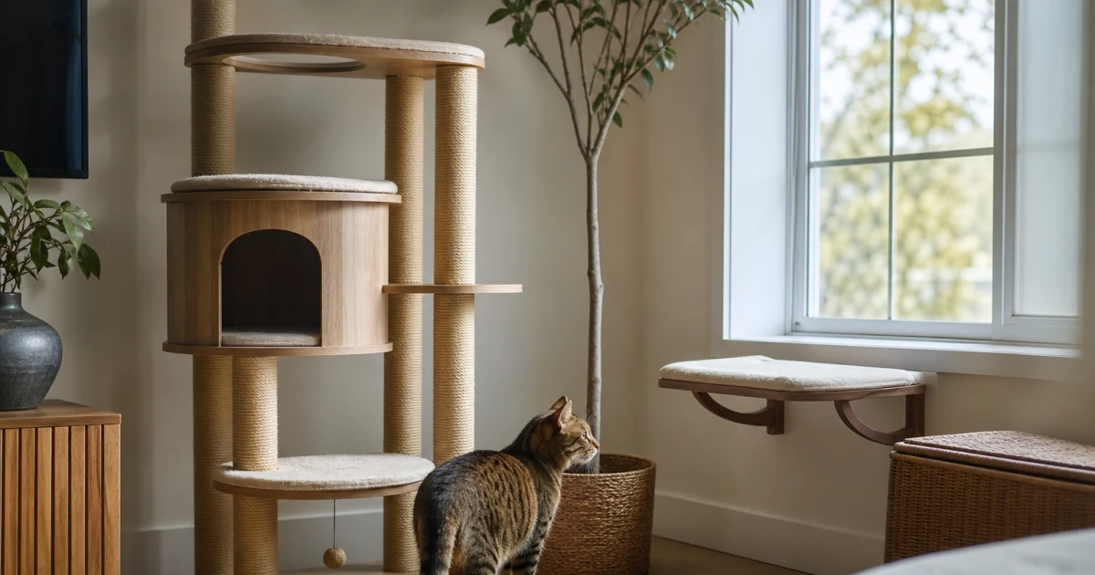 A relaxed indoor cat resting on a stable cat tree beside a sunlit window perch in a bright home