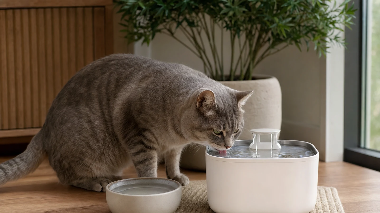 Editorial comparison illustration of a cat water fountain and a water bowl.
