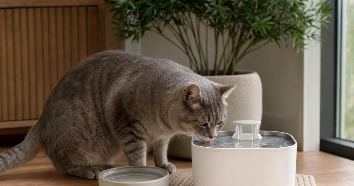 Editorial comparison illustration of a cat water fountain and a water bowl.
