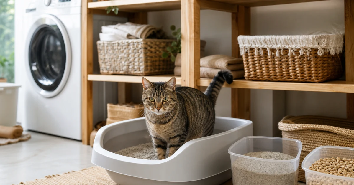 Adult tabby cat using a clean open litter box beside two neatly maintained litter options in a bright modern home