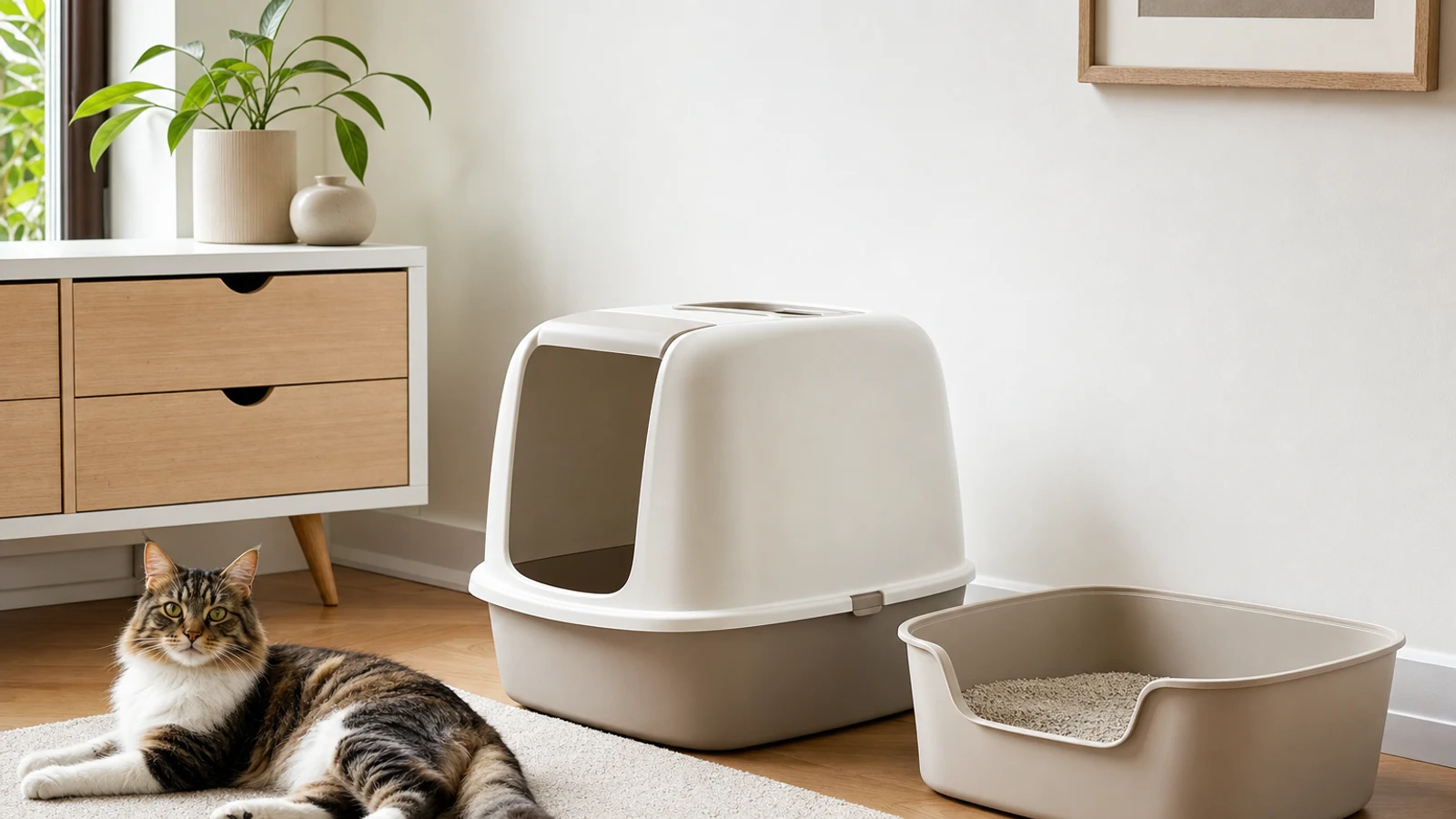 Editorial comparison illustration of an open litter box and a covered litter box.
