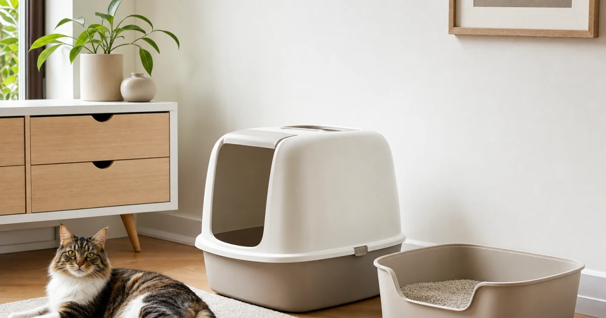 Editorial comparison illustration of an open litter box and a covered litter box.