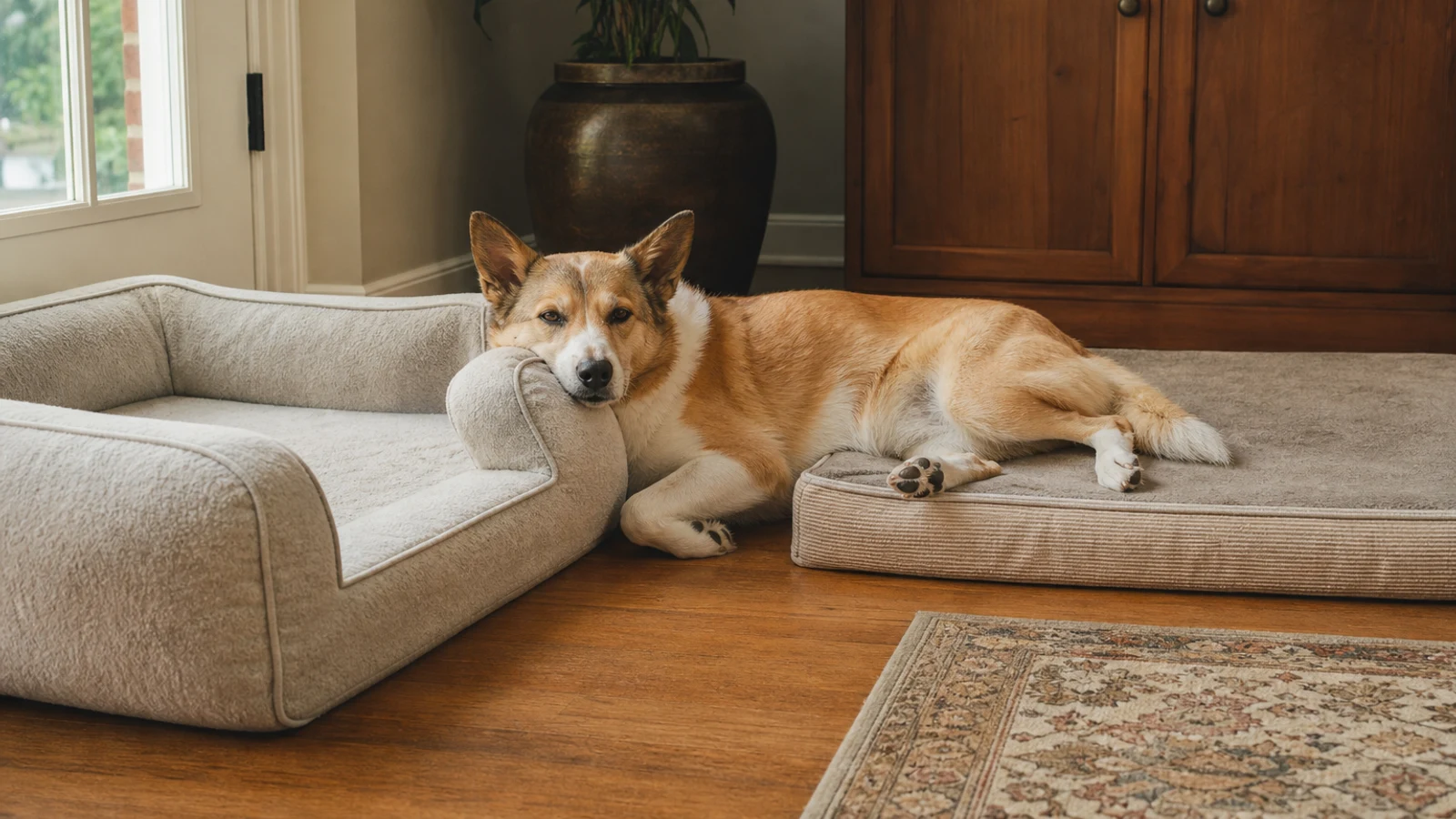 A relaxed dog choosing between a low-entry bolster bed and a flat mattress bed in a bright home