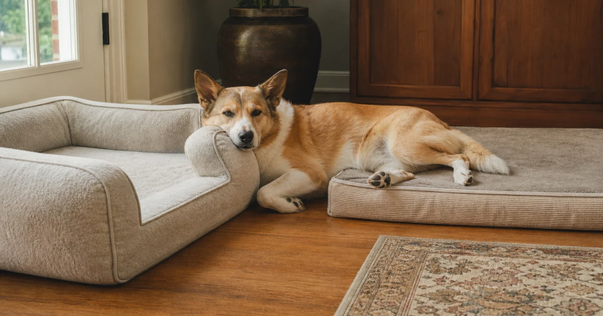 A relaxed dog choosing between a low-entry bolster bed and a flat mattress bed in a bright home