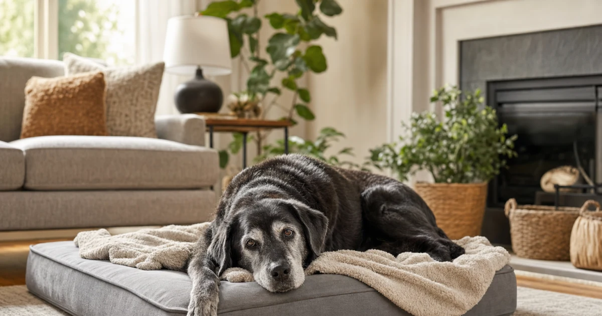 Large senior dog resting comfortably on a supportive foam bed beside a soft blanket in a bright American living room