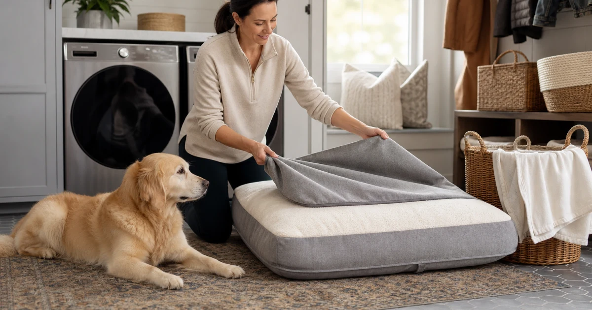 A dog owner removes a washable cover from a large supportive dog bed beside a bright home laundry area while a relaxed dog watches nearby