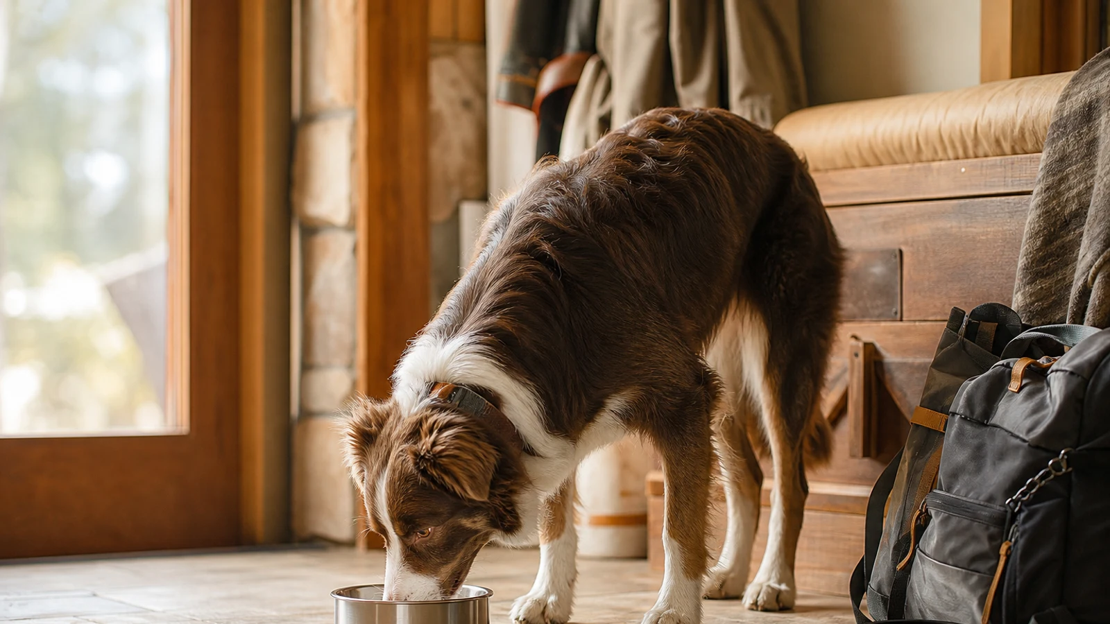 Dog drinking from a stainless steel bowl beside a folded silicone travel bowl in a bright home entryway
