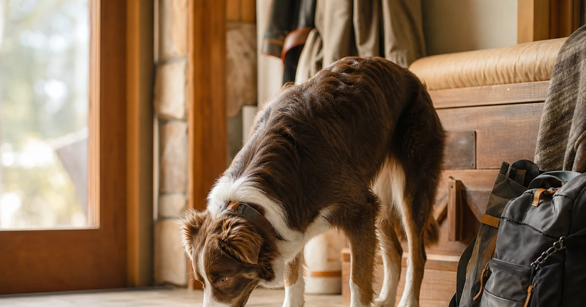 Dog drinking from a stainless steel bowl beside a folded silicone travel bowl in a bright home entryway