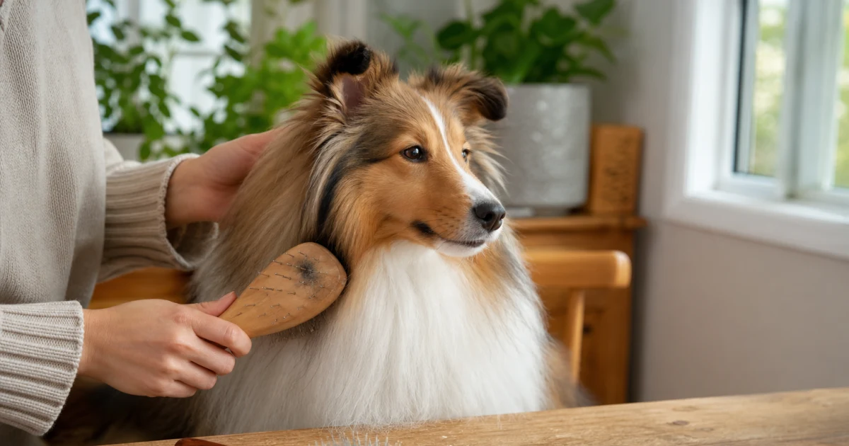 A long-coated dog being gently brushed with a pin brush while a slicker brush and metal comb rest on a natural wood grooming table