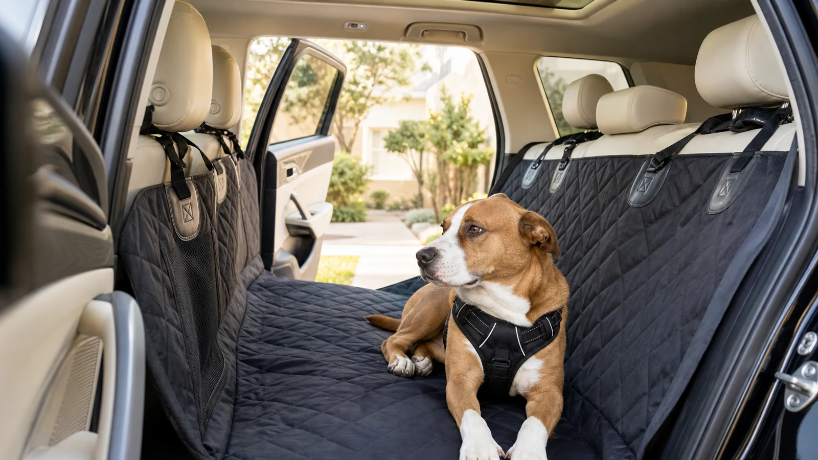 Dog resting calmly on a washable rear-seat hammock beside a secured travel harness in a clean family SUV