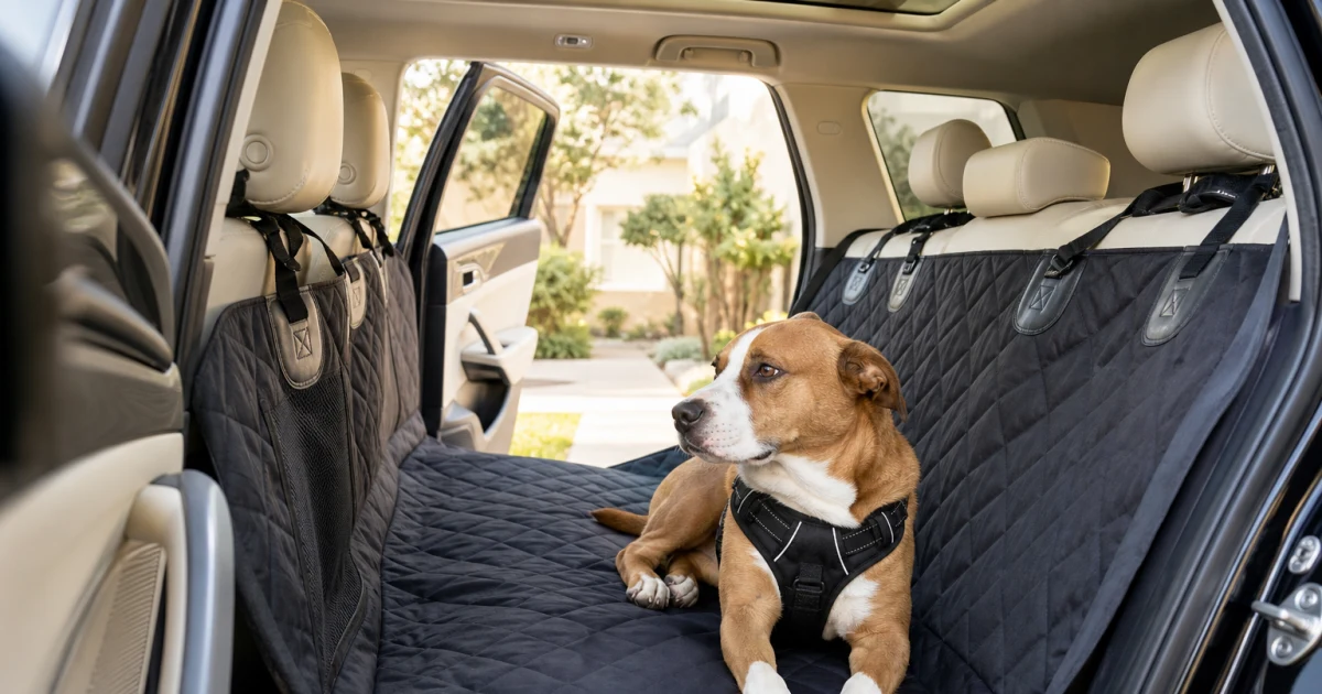 Dog resting calmly on a washable rear-seat hammock beside a secured travel harness in a clean family SUV