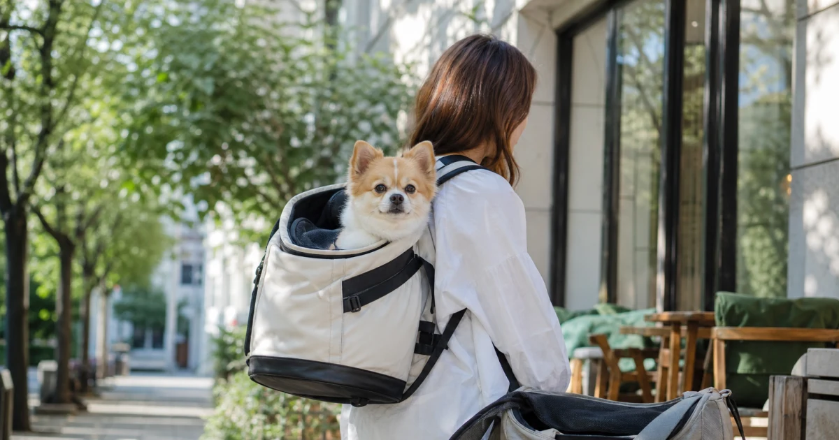 Small dog resting comfortably in a structured backpack carrier beside a lightweight sling on a sunny urban outing