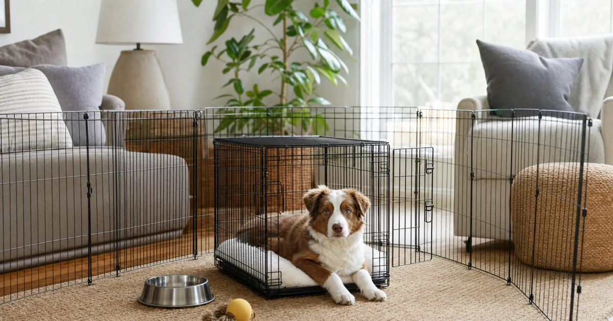 Calm young dog resting in an open crate inside a secure playpen in a bright home living room