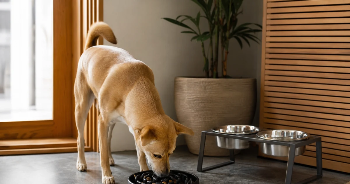 Dog eating calmly from a low-profile slow feeder beside a stable raised bowl station in a bright natural home