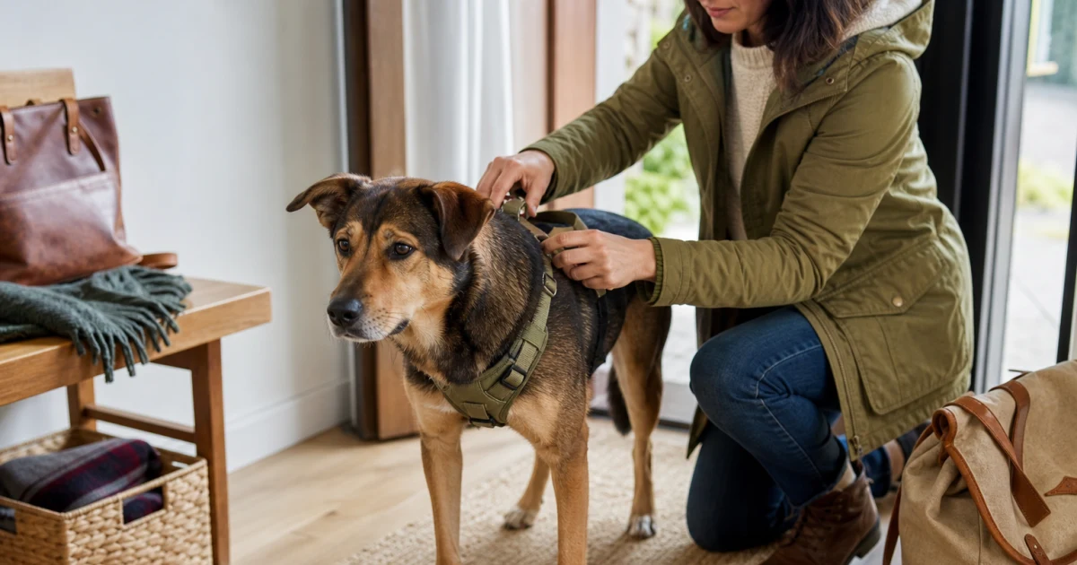 Dog calmly wearing a well-fitted harness while an owner prepares for a neighborhood walk in a bright natural entryway