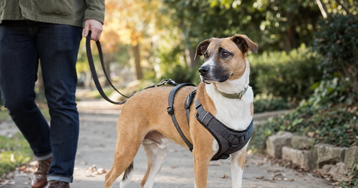 Editorial comparison illustration of a dog harness and dog collar for walks.