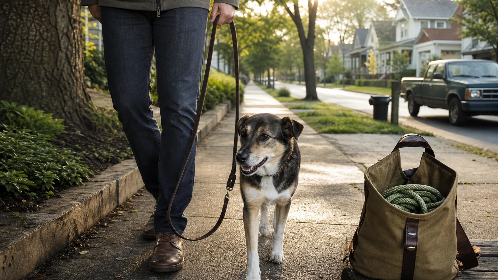 Person walking a medium-sized dog on a sturdy flat leash along a leafy neighborhood path, with a coiled rope leash visible in a travel bag