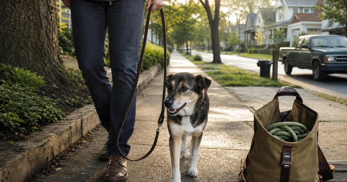 Person walking a medium-sized dog on a sturdy flat leash along a leafy neighborhood path, with a coiled rope leash visible in a travel bag