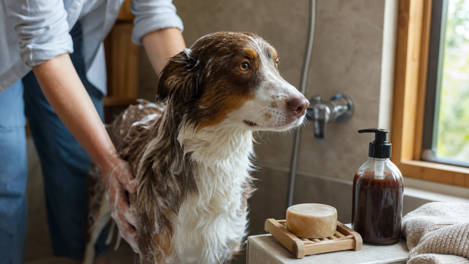 A dog being gently bathed with a solid shampoo bar beside a liquid dog shampoo bottle in a bright, organized home bathroom