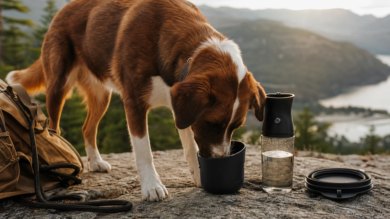 Dog drinking fresh water from a travel bottle beside a collapsible bowl at a shaded trail rest stop