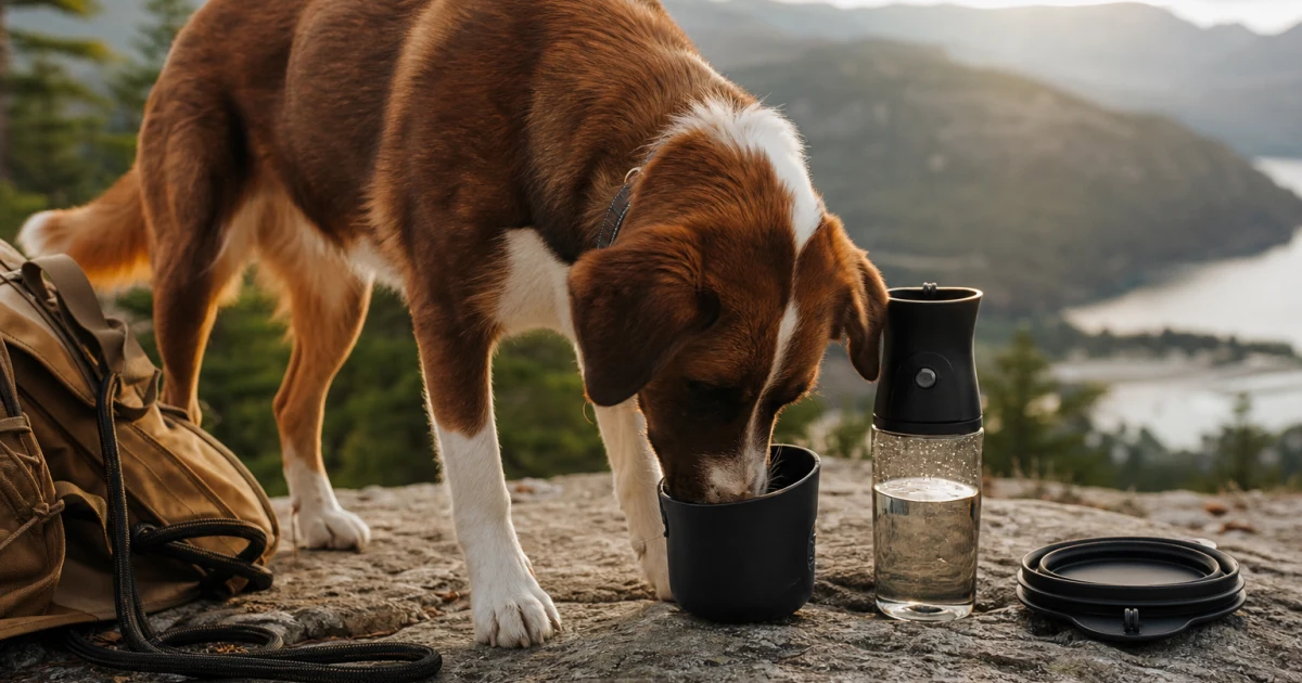 Dog drinking fresh water from a travel bottle beside a collapsible bowl at a shaded trail rest stop
