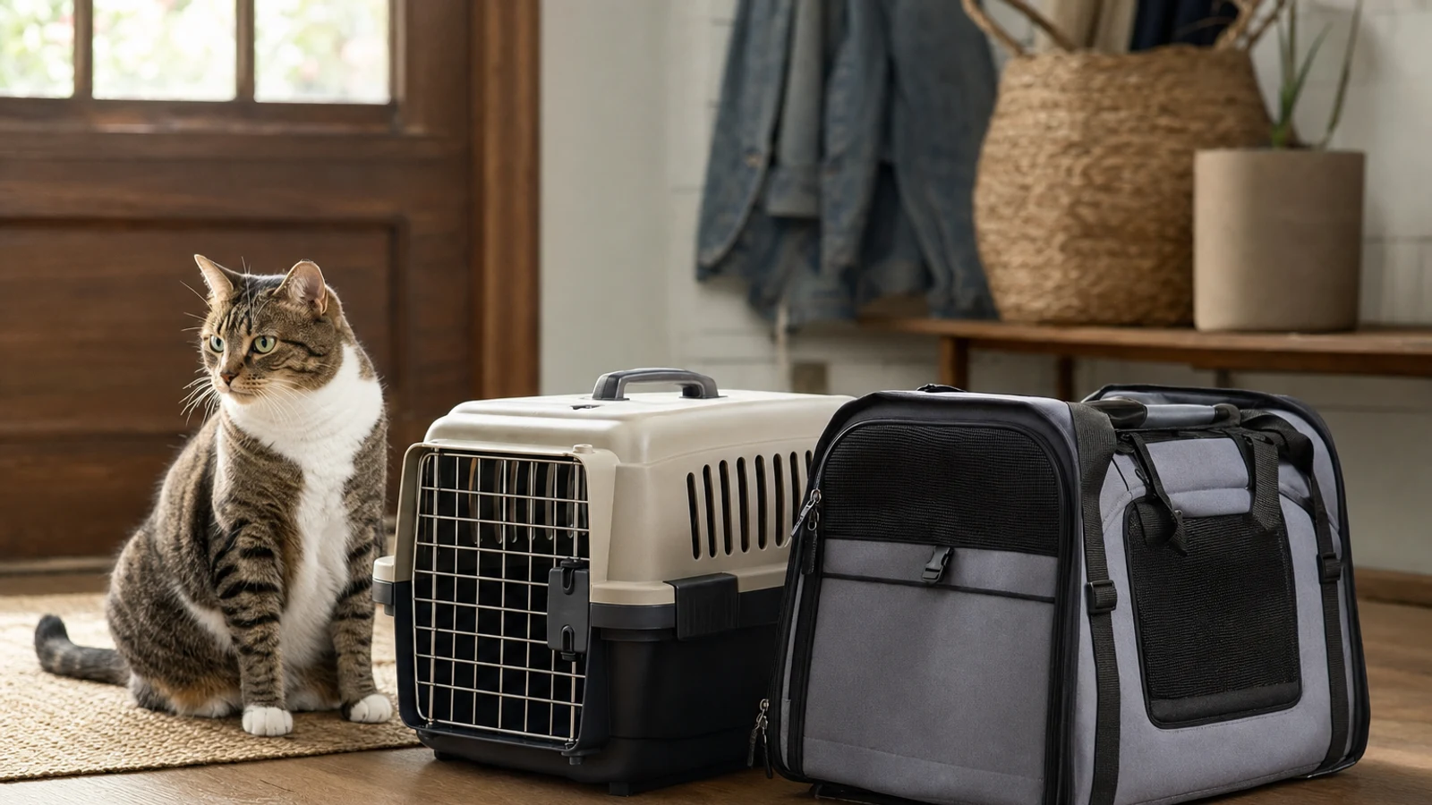 Editorial comparison illustration of a hard-sided cat carrier and a soft-sided cat carrier.