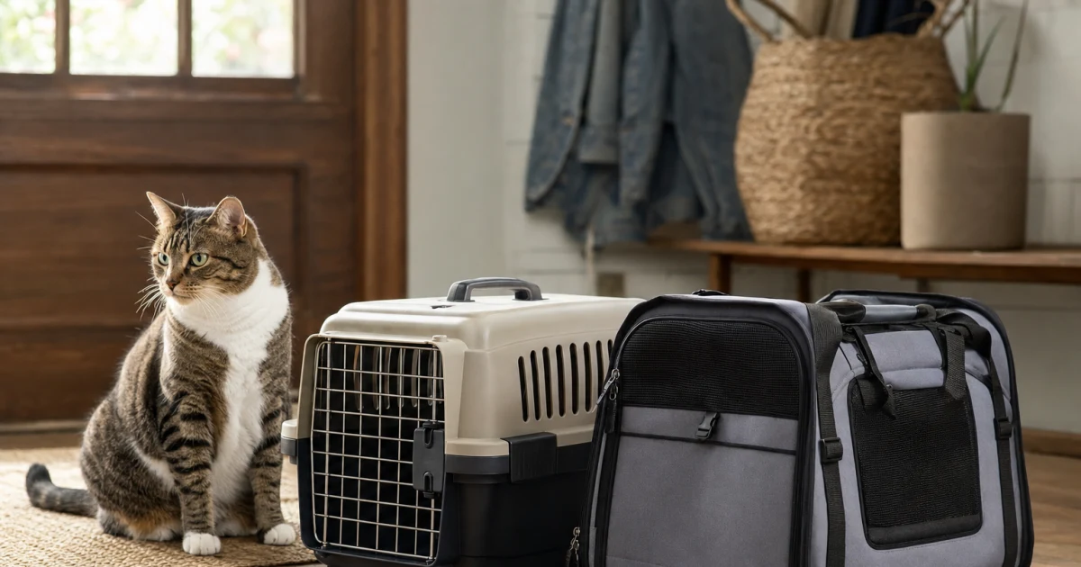 Editorial comparison illustration of a hard-sided cat carrier and a soft-sided cat carrier.