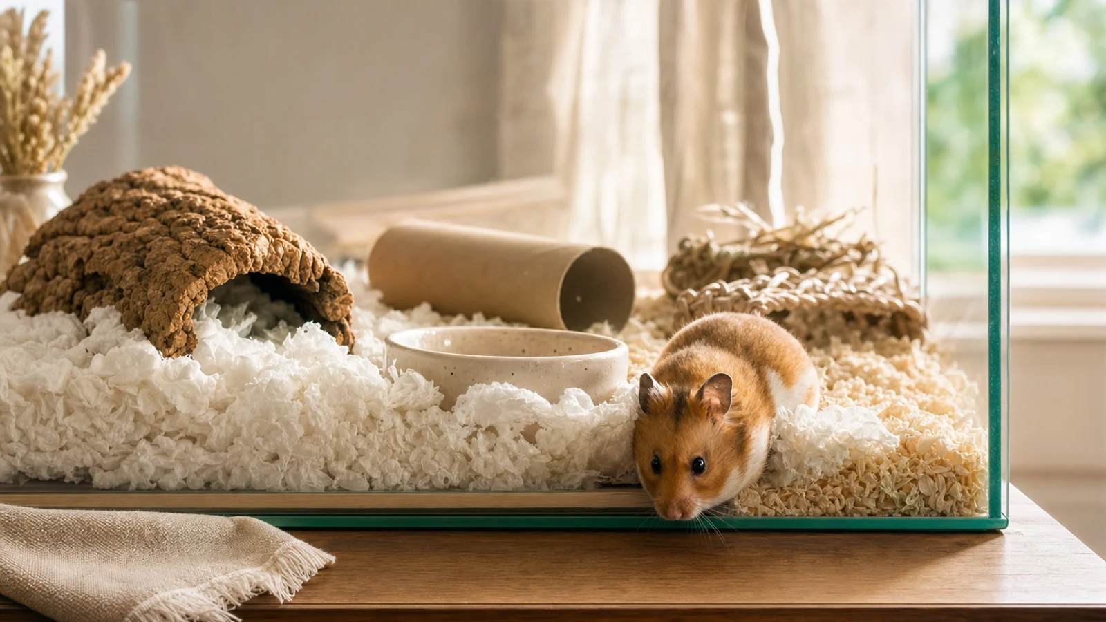 Hamster exploring a deep layer of paper and aspen bedding in a naturalistic indoor enclosure