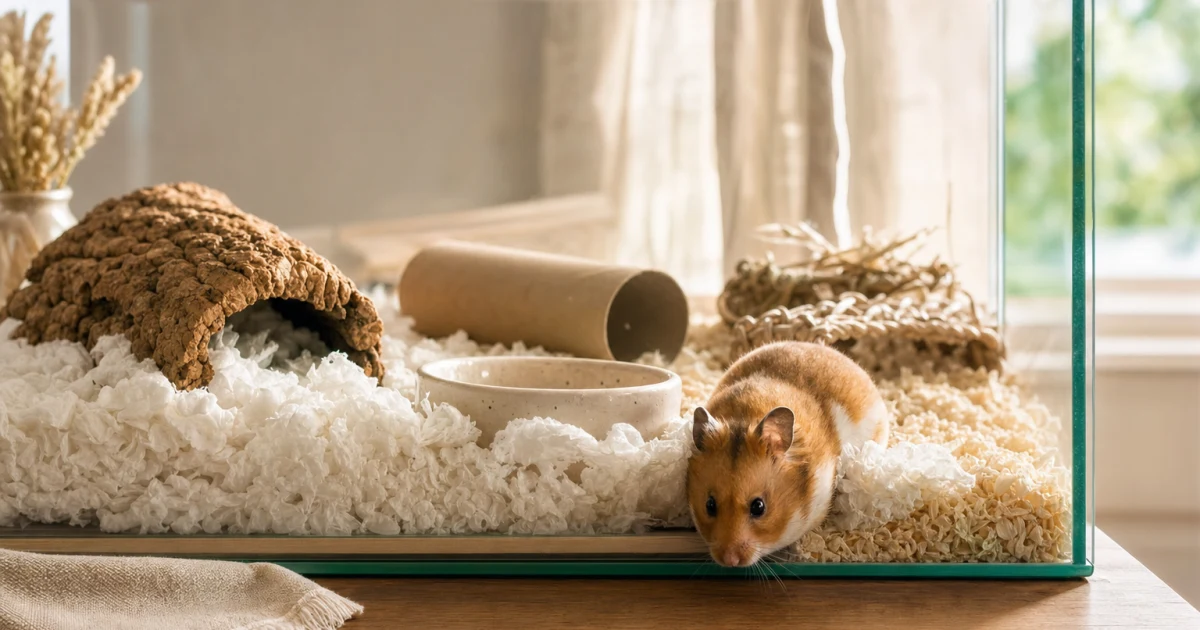 Hamster exploring a deep layer of paper and aspen bedding in a naturalistic indoor enclosure