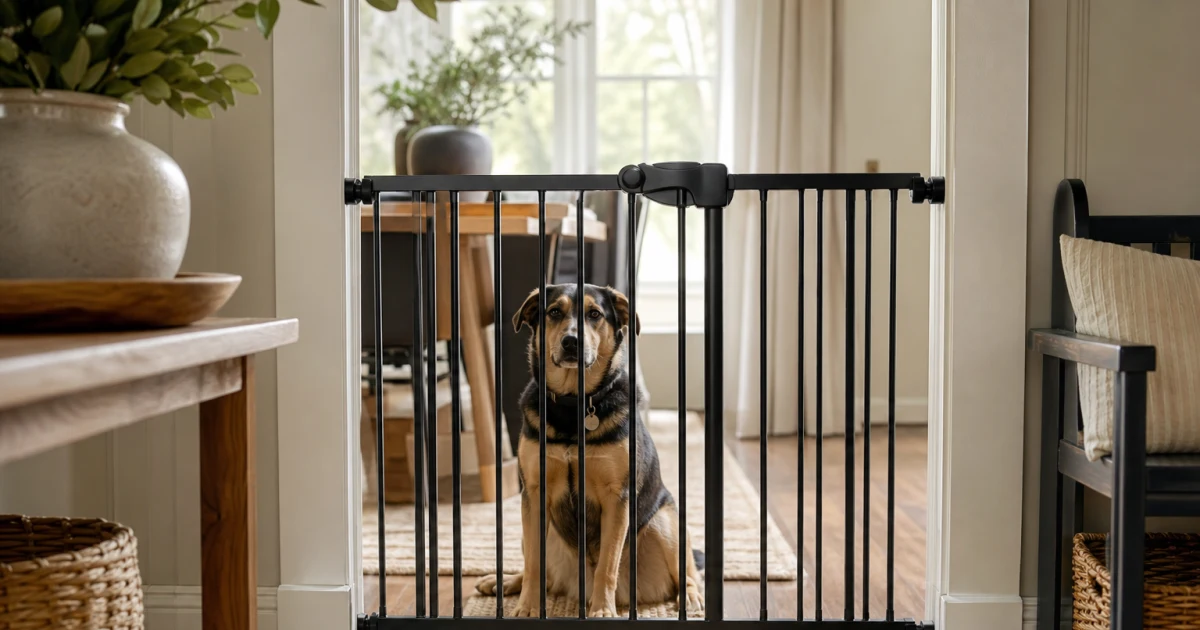 A medium-sized dog waits calmly behind a secure walk-through pet gate between a bright hallway and living room