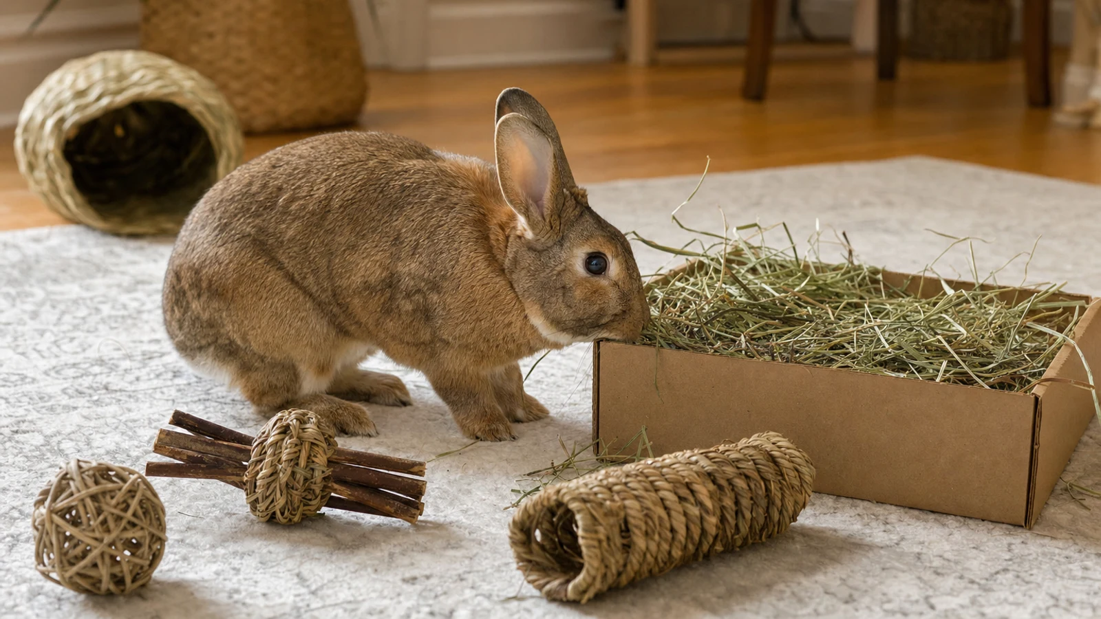 Rabbit investigating a hay-filled cardboard foraging box beside untreated willow chew toys in a bright indoor exercise area