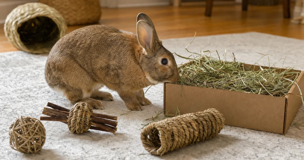 Rabbit investigating a hay-filled cardboard foraging box beside untreated willow chew toys in a bright indoor exercise area