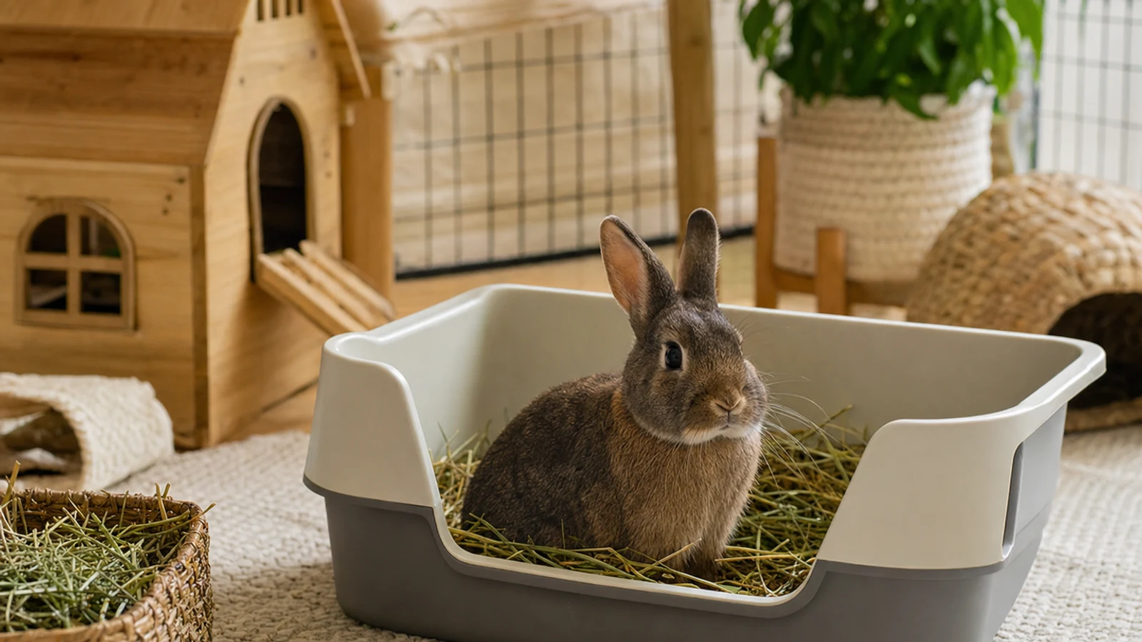 A relaxed house rabbit using a large open litter box with hay in a bright, tidy indoor enclosure