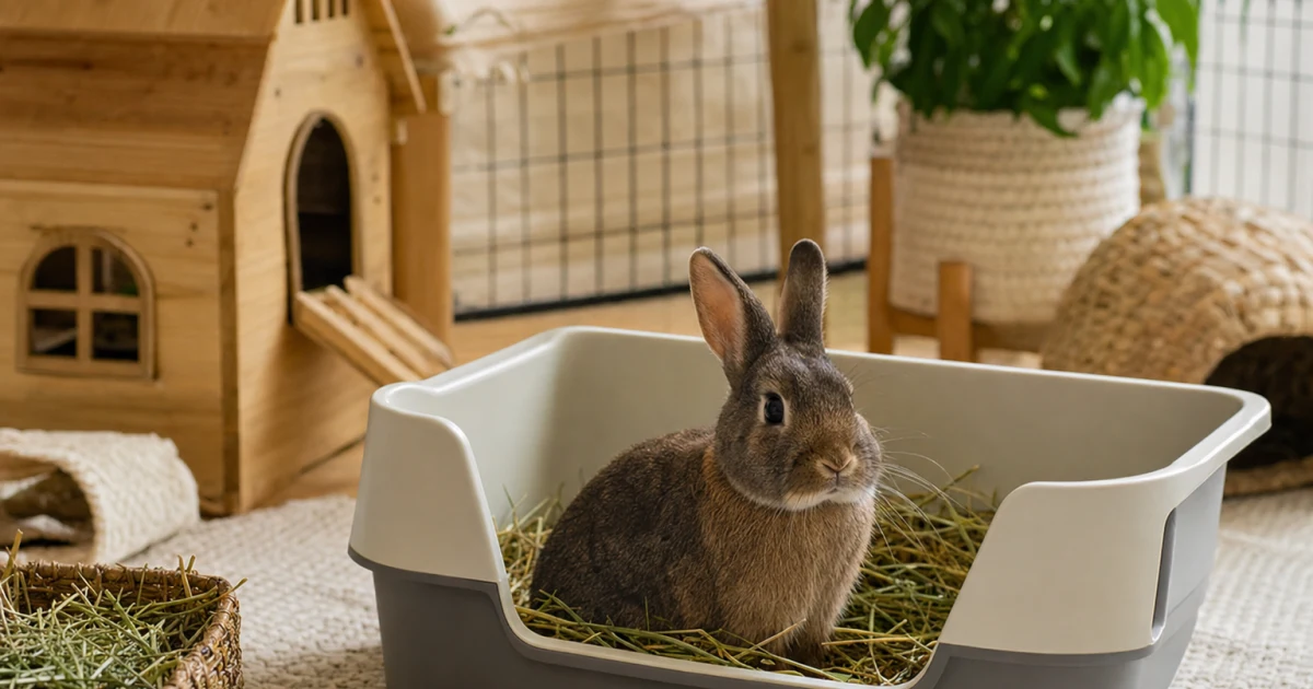 A relaxed house rabbit using a large open litter box with hay in a bright, tidy indoor enclosure